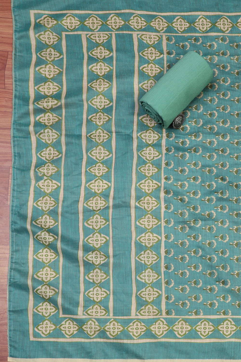 Aqua Cotton Handloom Unstitched Suit Set image number 3