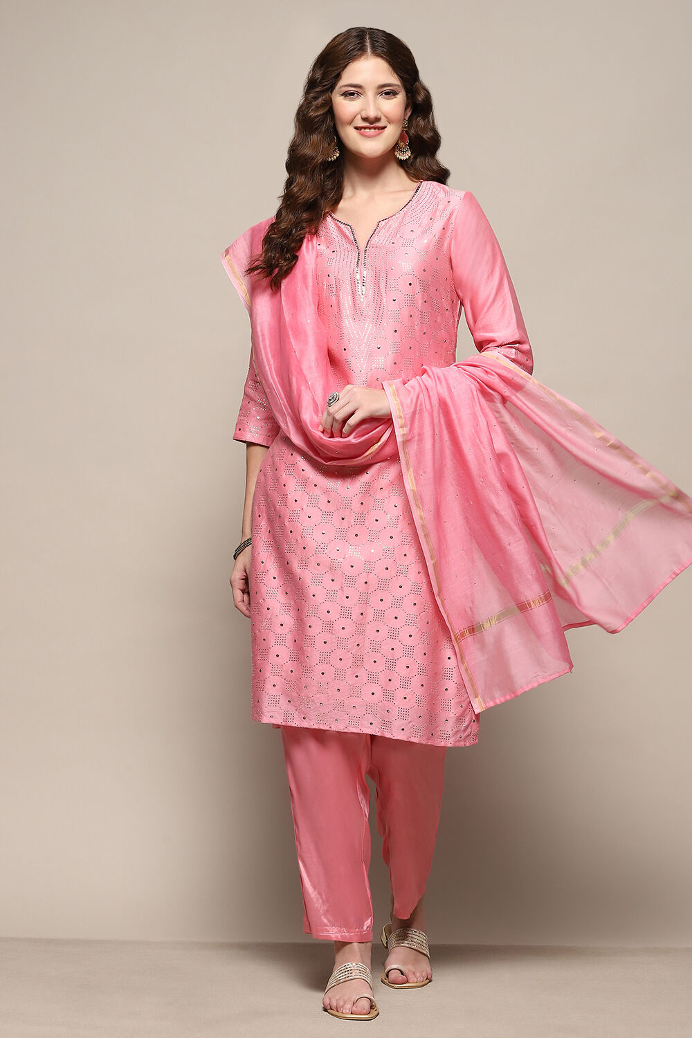 Pink Yard-Dyed Chanderi Kurta & Pants Suit Set image number 0