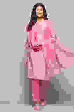 Pink Yard-Dyed Chanderi Kurta & Pants Suit Set image number 0