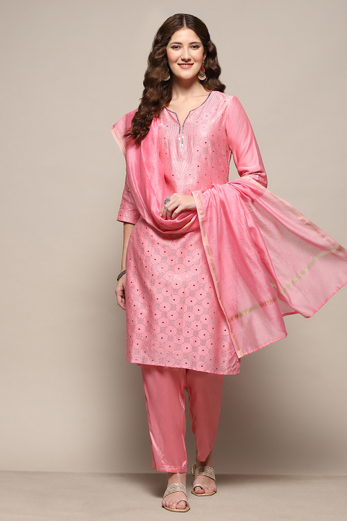 Pink Yard-Dyed Chanderi Kurta & Pants Suit Set image number 0