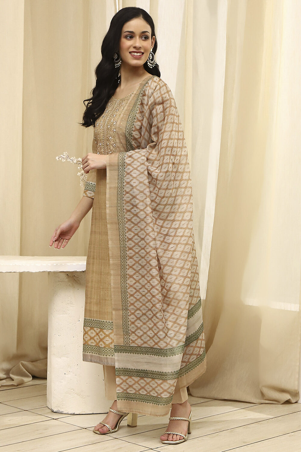Beige Cotton Machine-Embroidered Unstitched Suit Set image number 4