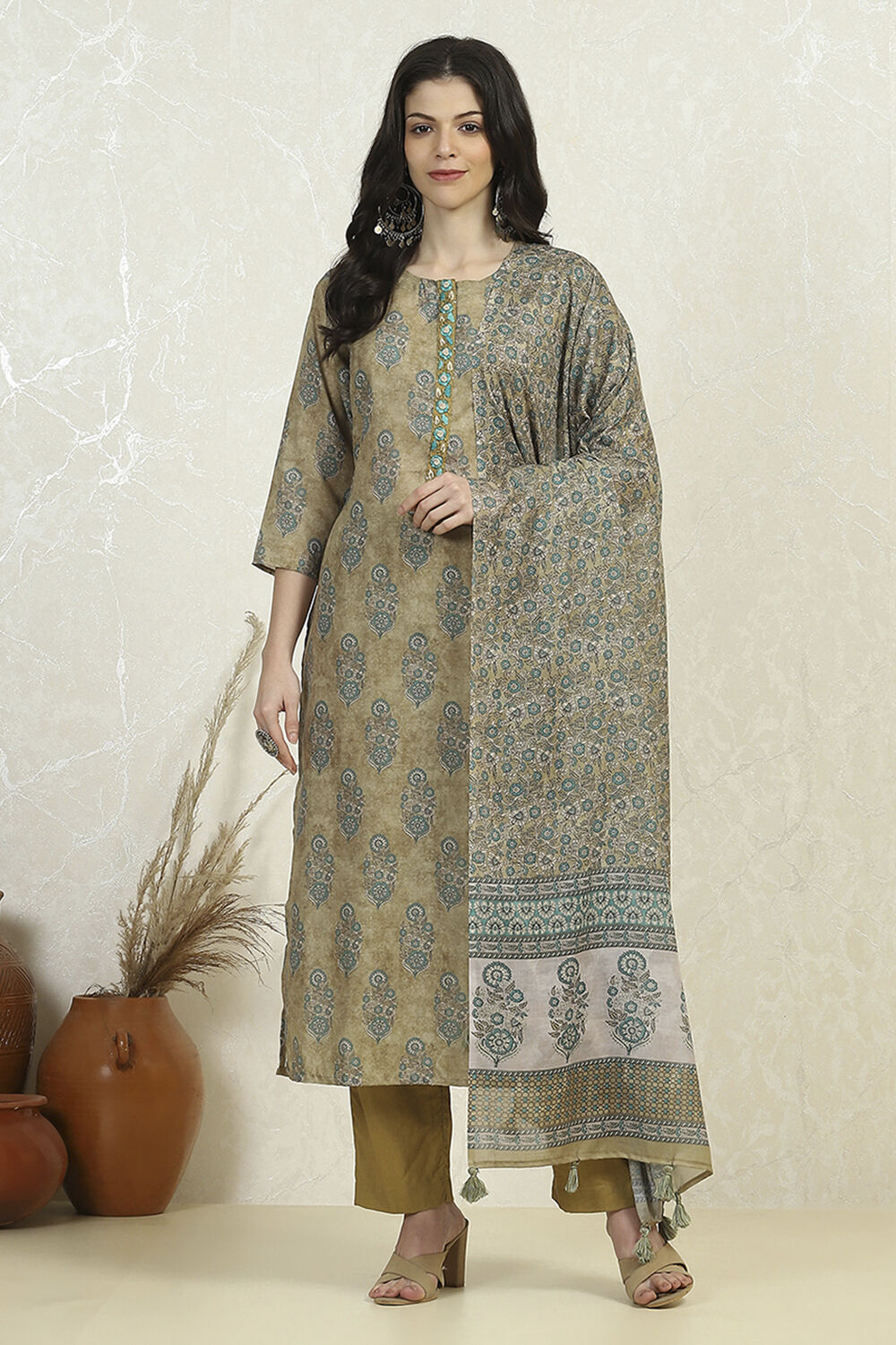 Lime Green Cotton Digital Print Unstitched Suit Set image number 7