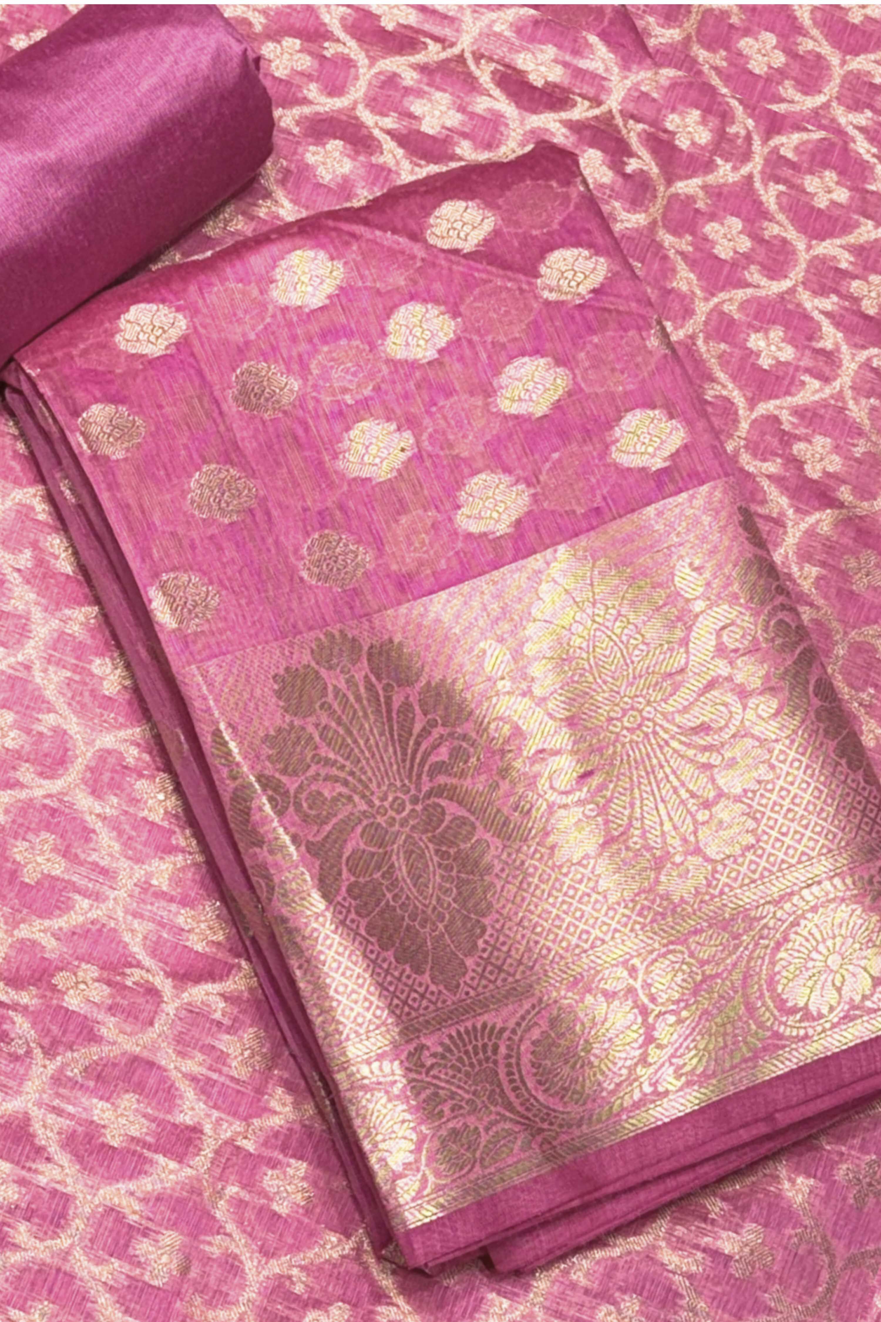 Pink Chanderi Printed Unstitched Suit Set image number 1