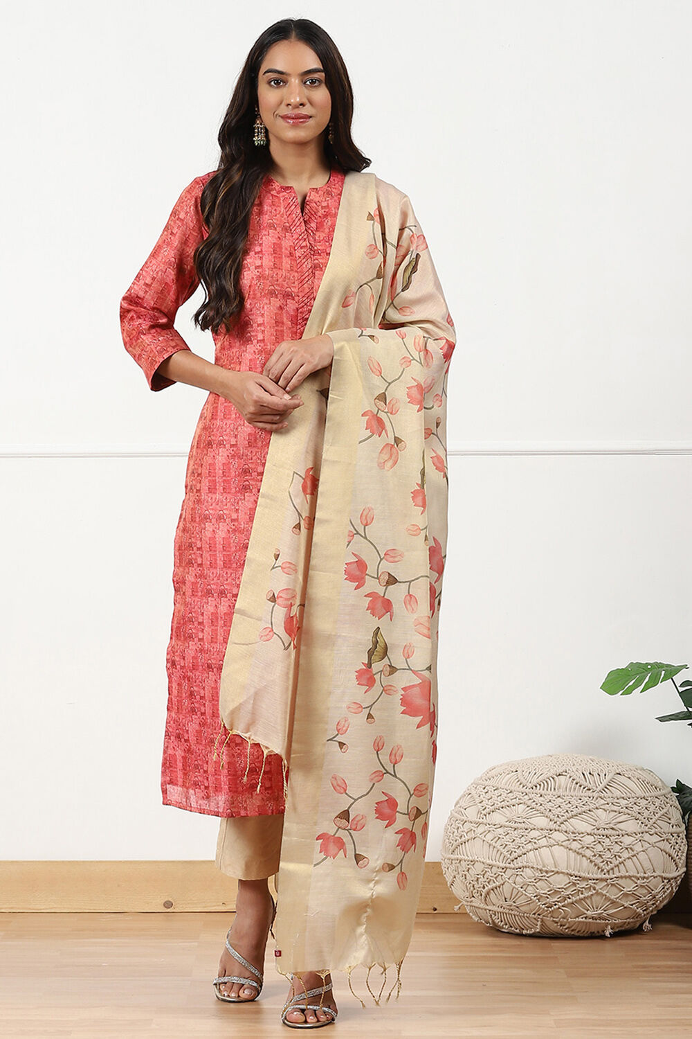 Red Cotton Printed Unstitched Kurta Set image number 1
