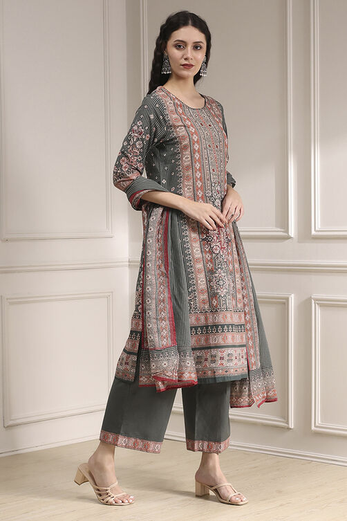 Grey Cotton Straight Printed Suit Set image number 5