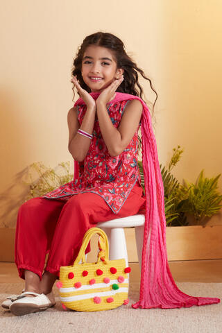BIBA Cotton Printed Straight Festive Kurta With Palazzo And Dupatta in Red