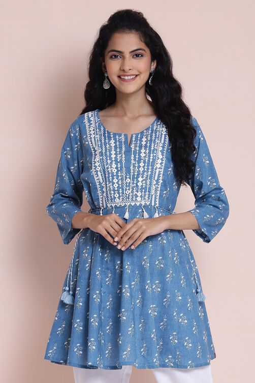 Indigo Cotton Printed Kurti image number 4
