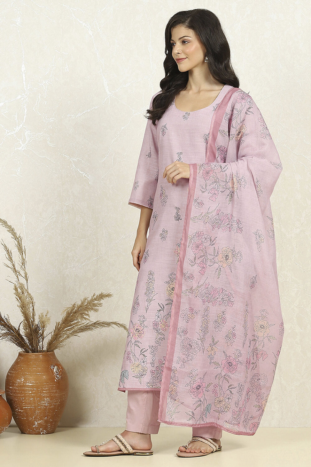 Peach Linen Unstitched Suit Set image number 4