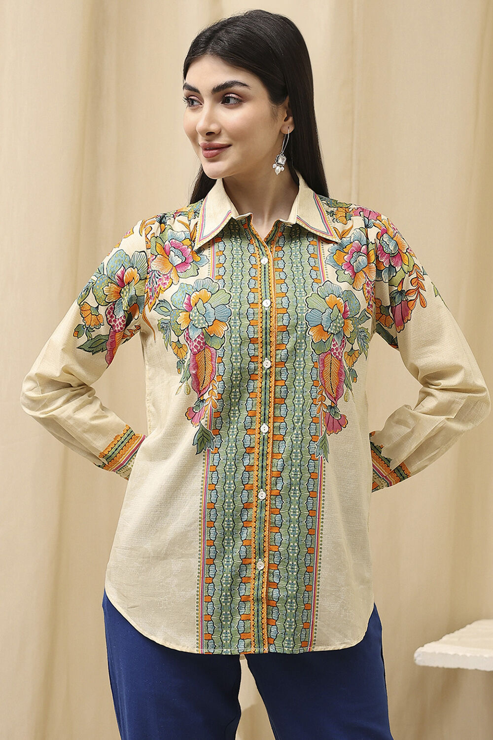 Beige Cotton Floral Printed Shirt image number 4