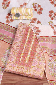 Pink Cotton Screen Print Unstitched Suit Set image number 0