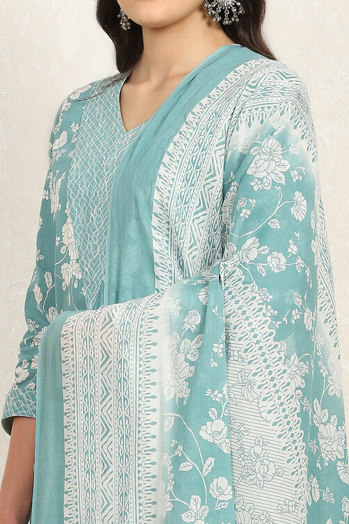 Rama Green Cotton Screen Print Unstitched Suit Set image number 2