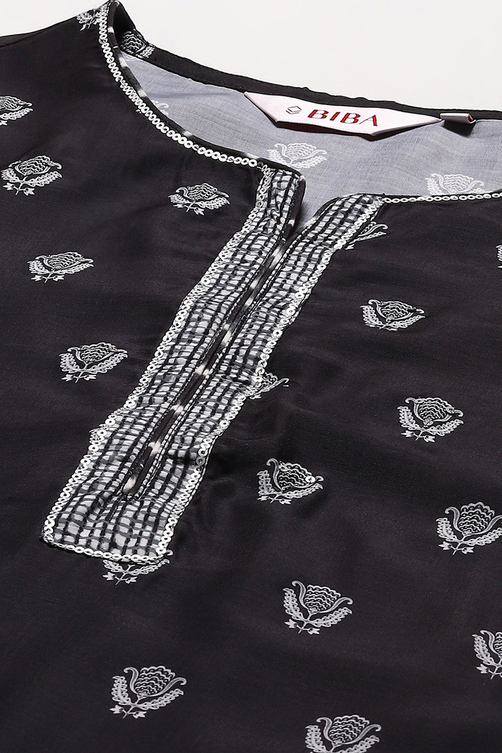 Black Poly Musin Relaxed Kurta Sharara Suit Set image number 1