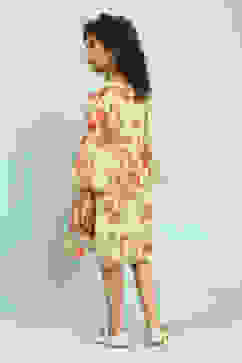 Beige Floral Printed Gathered Flared Dress image number 3