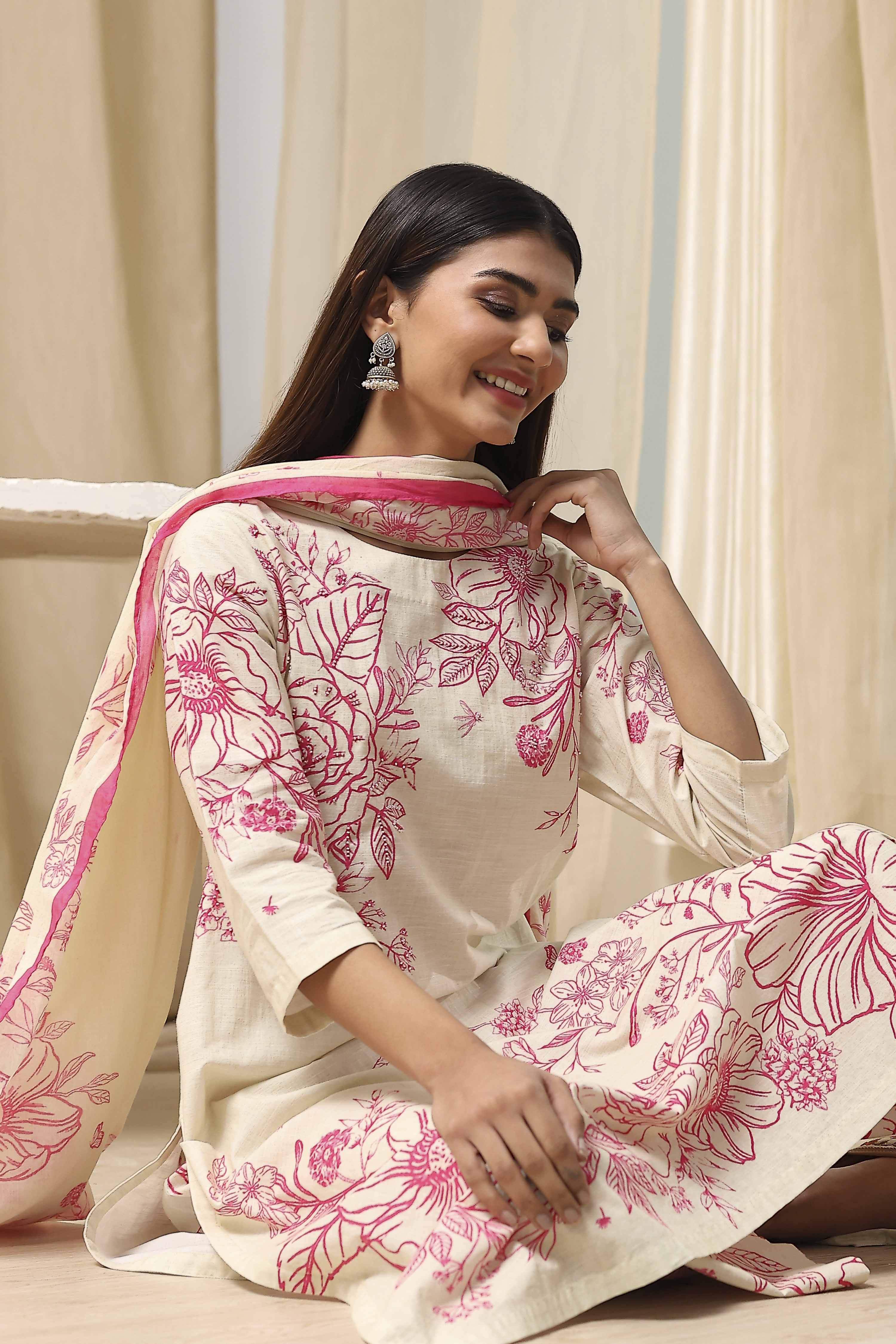 Off-White and Blue Cotton Straight Suit Set image number 0