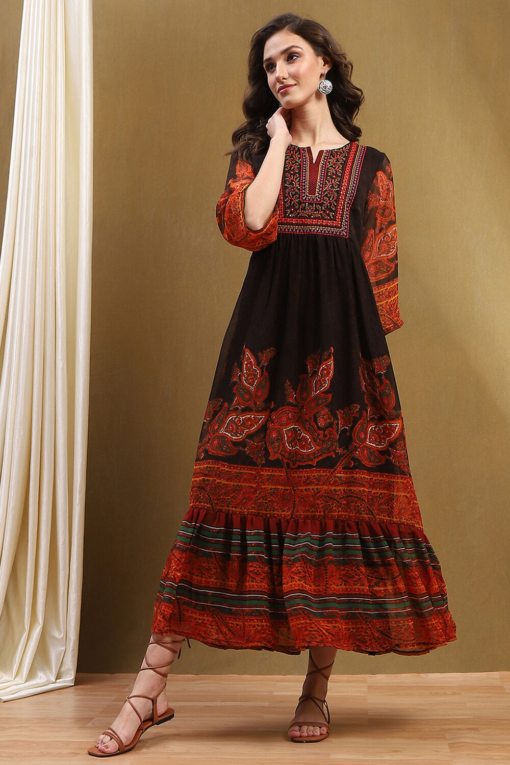 Chocolate Brown Georgette Printed Tiered Dress image number 0