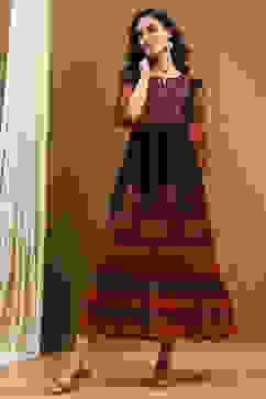 Chocolate Brown Georgette Printed Tiered Dress image number 0