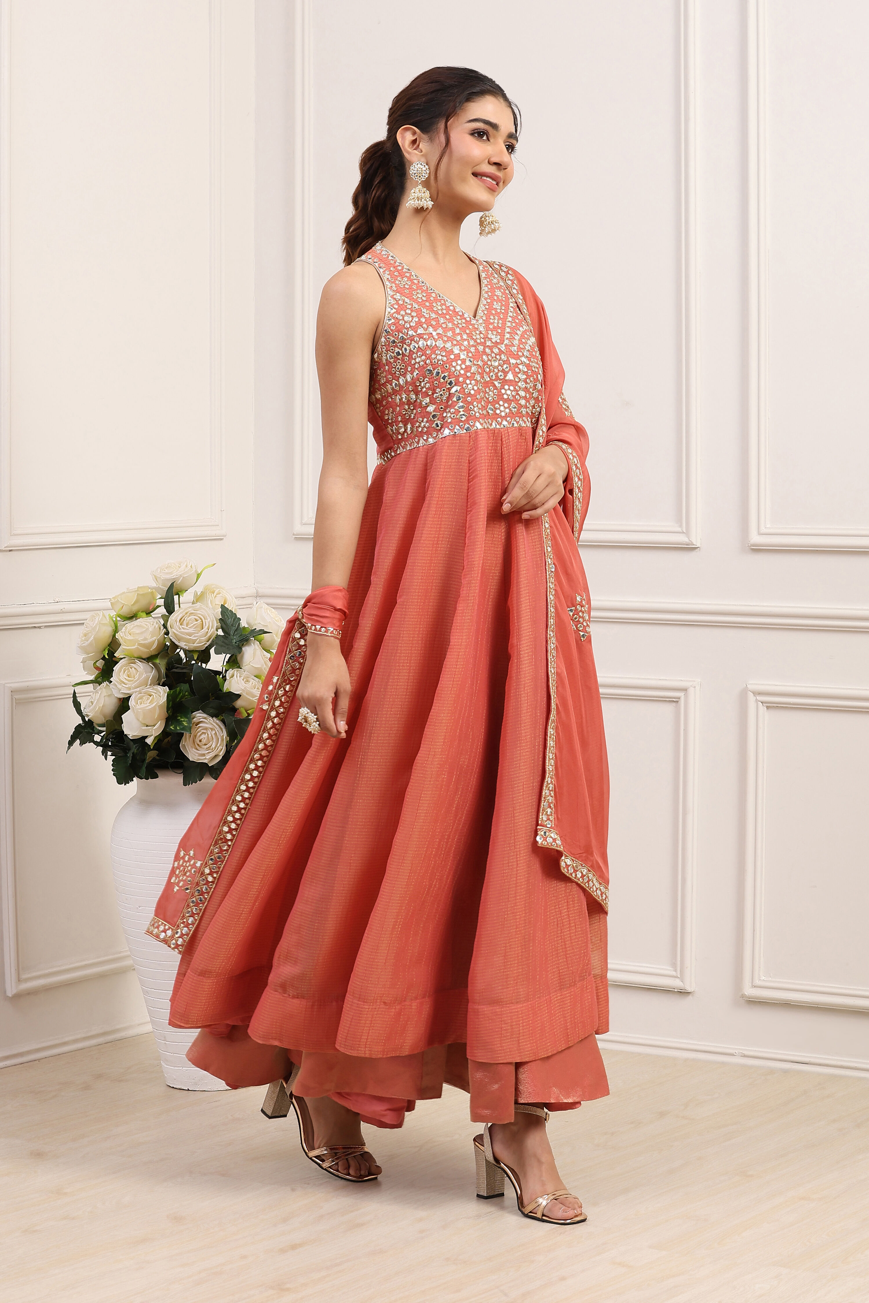 Pink Poly Tissue Anarkali Dress image number 4