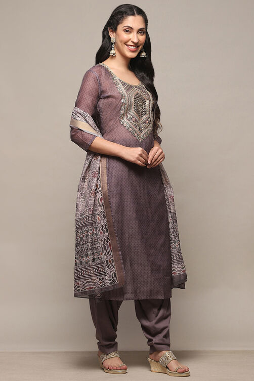 Earthy Green Chanderi Unstitched Suit Set image number 1