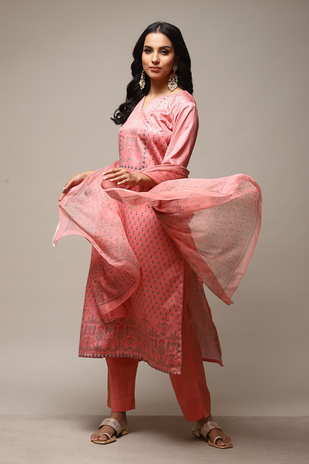 Peach Cotton Screen Print Unstitched Suit Set image number 1