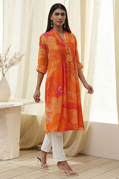 Orange Printed Pleated A-Line Kurta image number 4