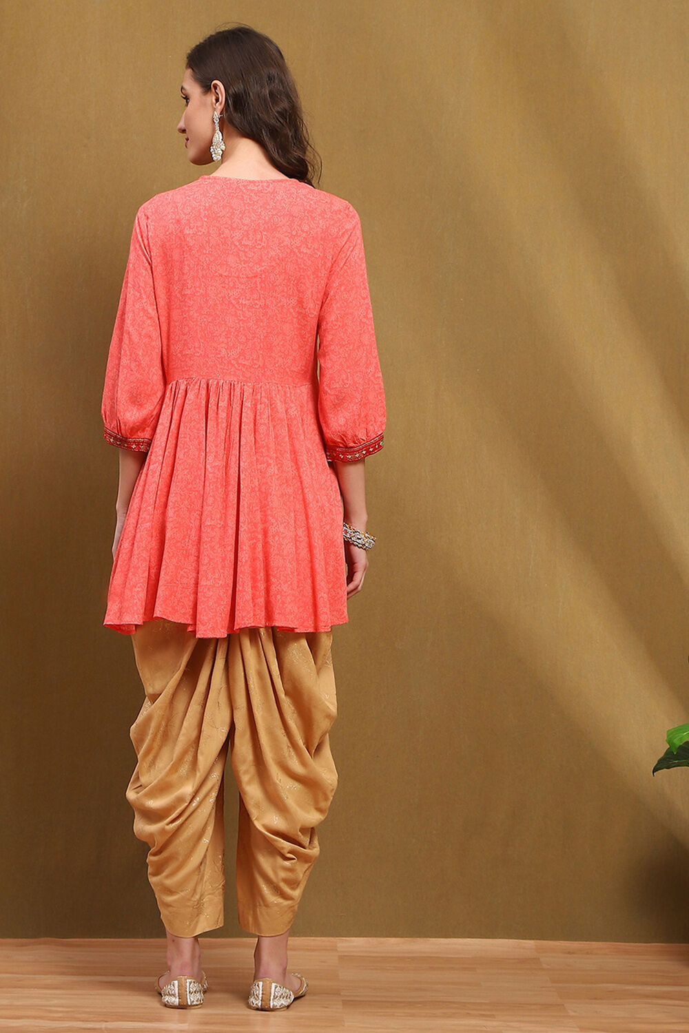 Peach-Toned and Beige Embroidered Peplum Kurta Set image number 4