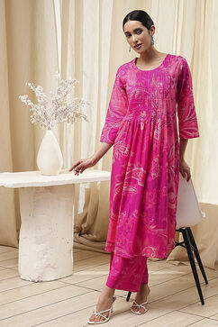Pink Cotton Printed Pleated Kurta Set image number 0