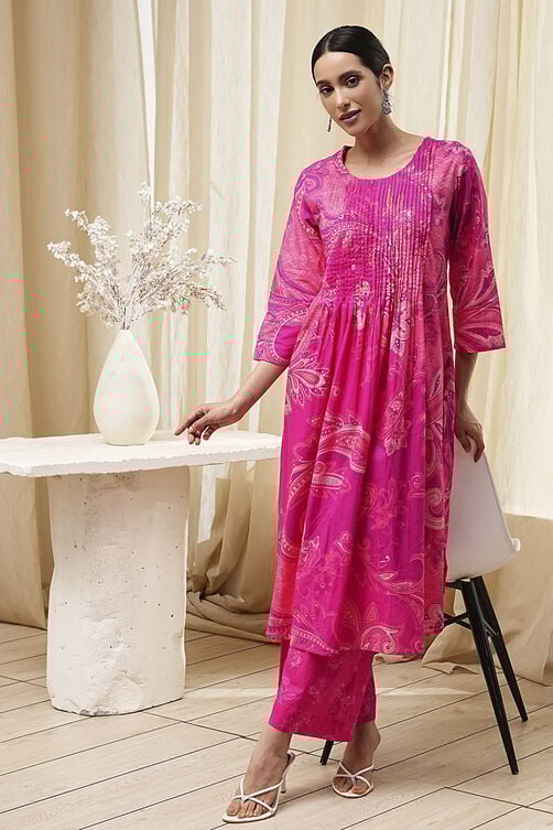 Pink Cotton Printed Pleated Kurta Set image number 0