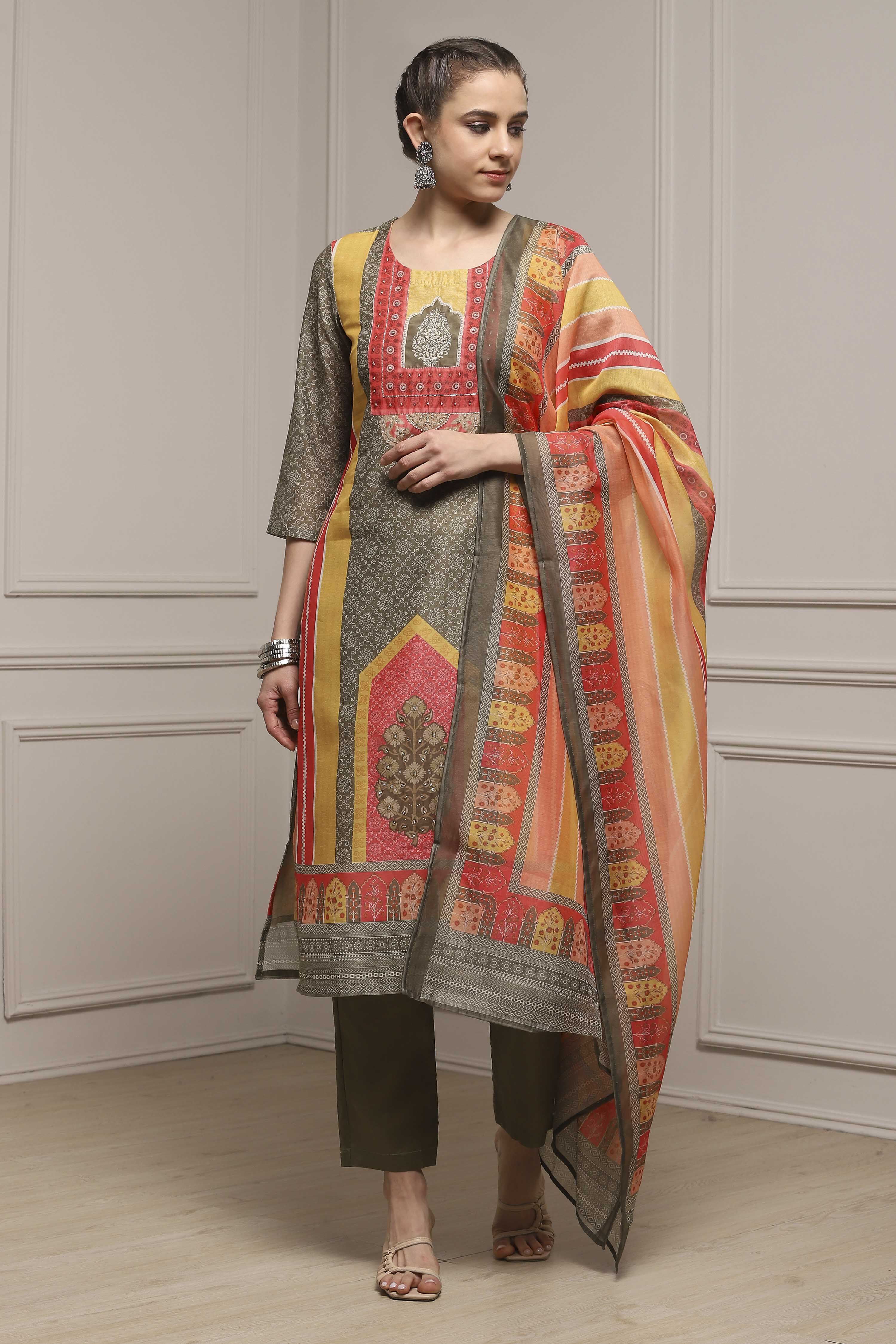 Assorted Chanderi Blend Printed Embroidered Unstitched Suit Set image number 1