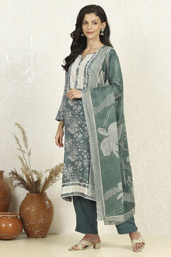 Teal Green Cotton Floral Printed Unstitched Suit Set image number 4