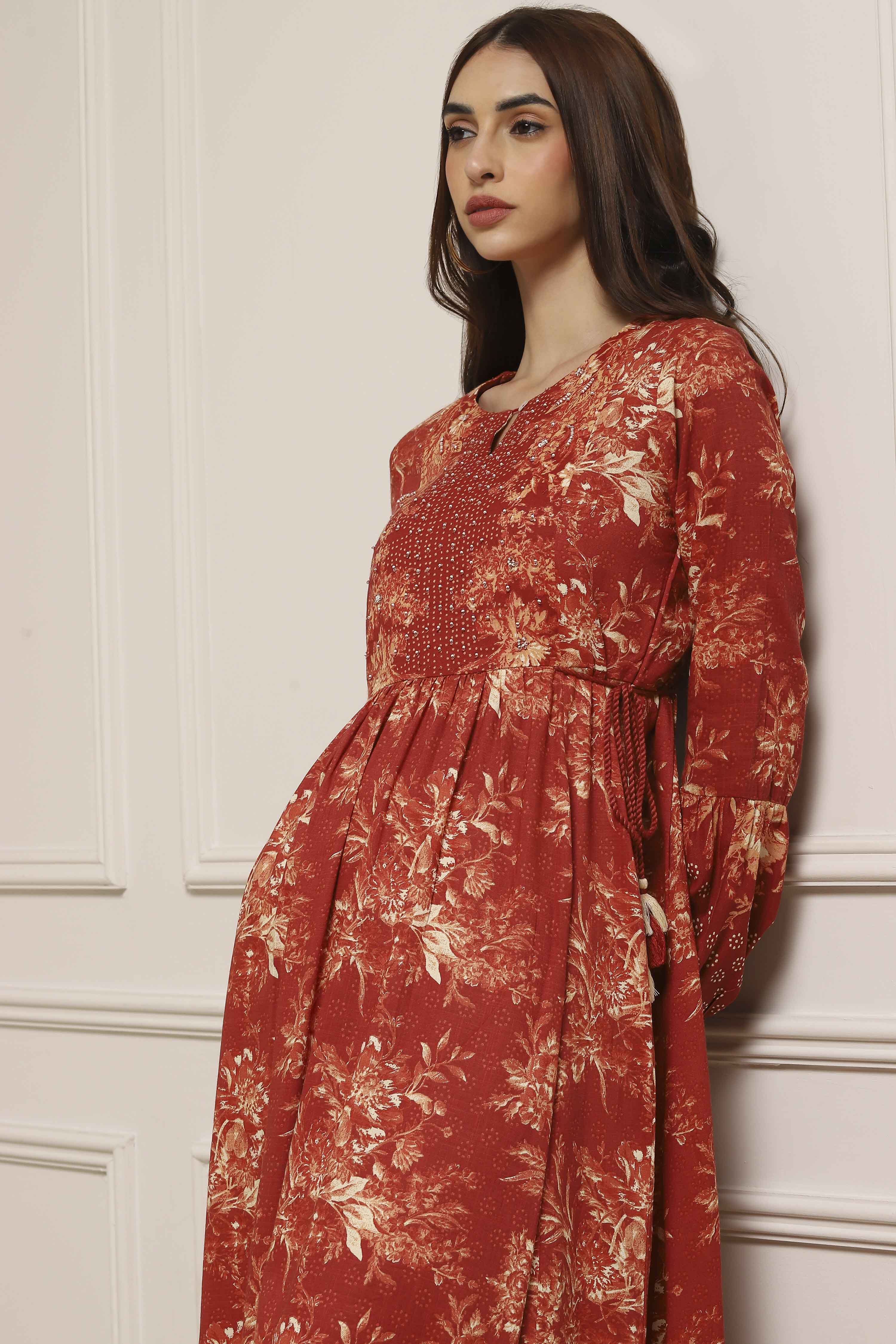 Rust Floral Printed Tiered Flared Dress image number 1