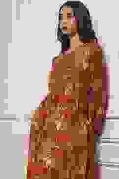 Rust Floral Printed Tiered Flared Dress image number 1