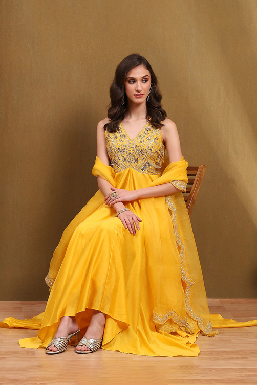 Buy Yellow Silk Chanderi Embroidered Asymmetric Suit Set Online at Biba India Buy Yellow Silk Chanderi Embroidered Asymmetric Suit Set Online at Biba India