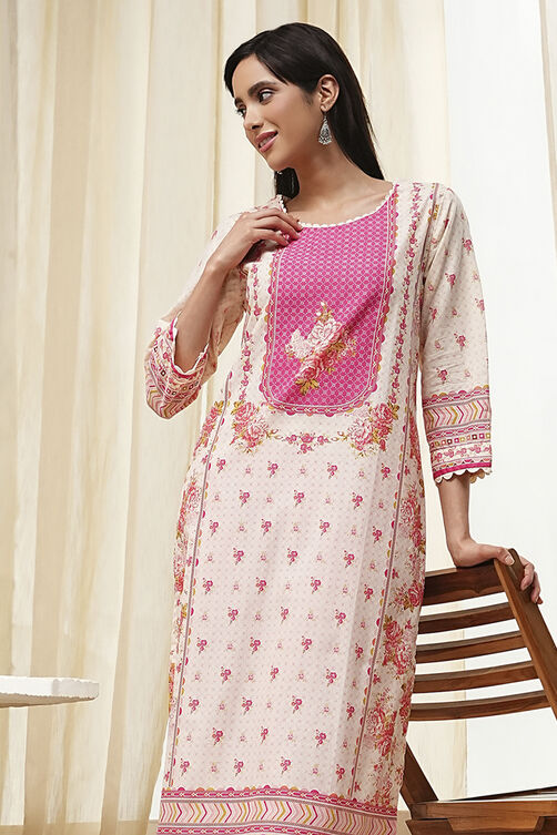 Pink Cotton Printed Straight Kurta image number 6