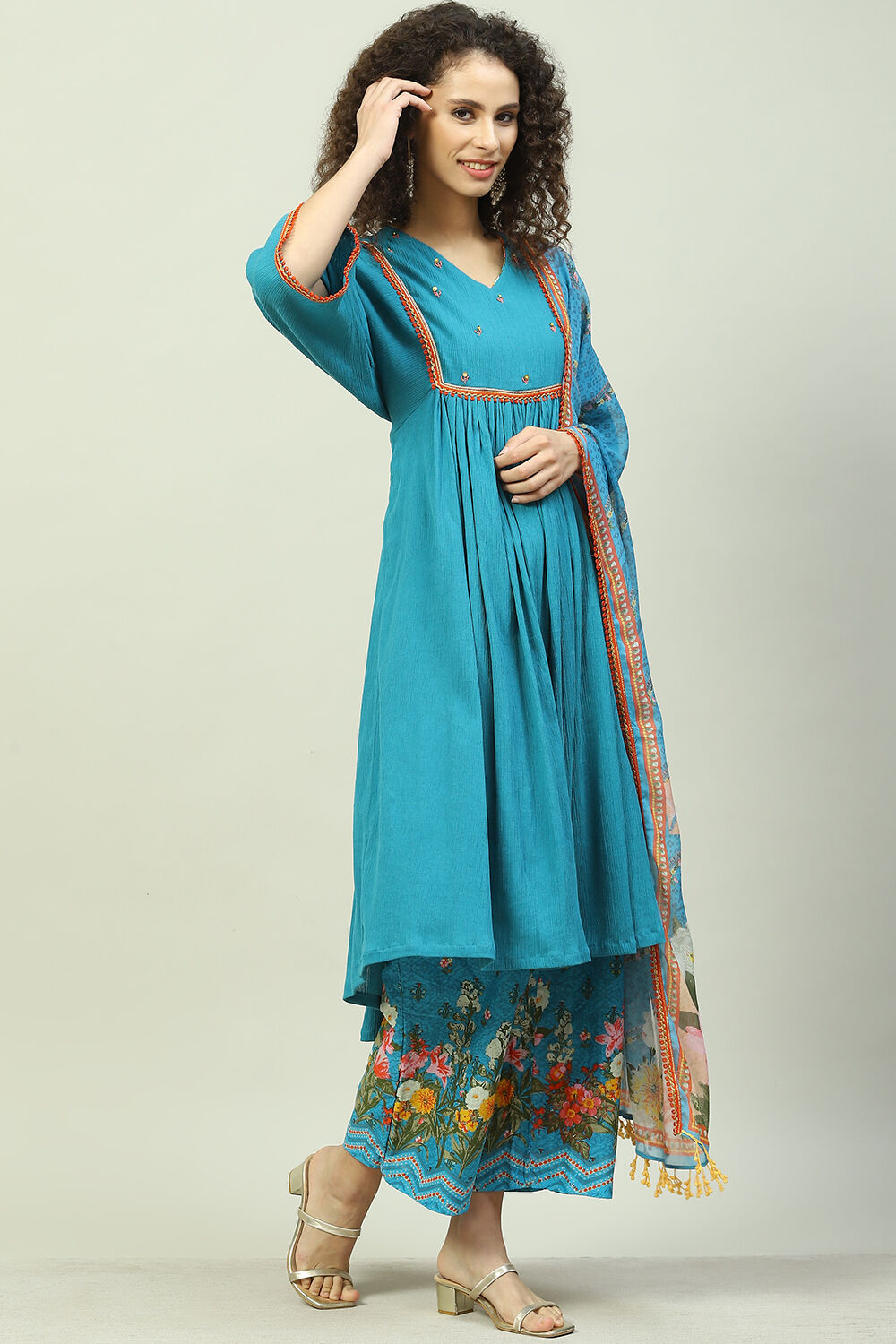 Turquoise Blue Art Silk Gathered Kurta Palazzo Suit Set image number 3
