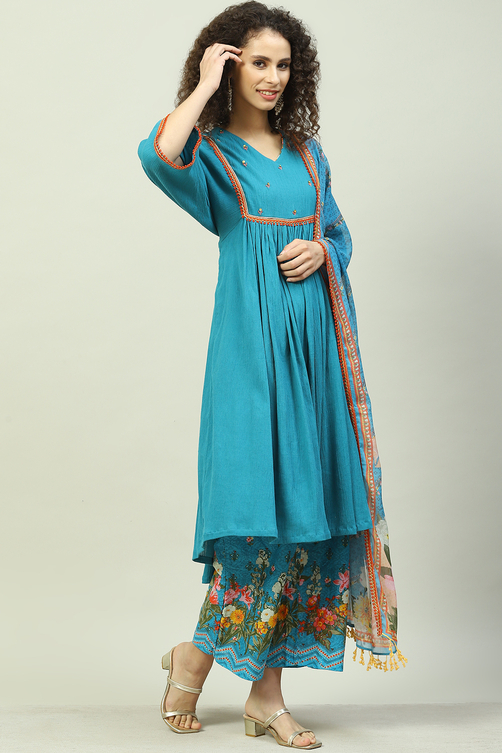 Turquoise Blue Art Silk Gathered Kurta Palazzo Suit Set image number 3