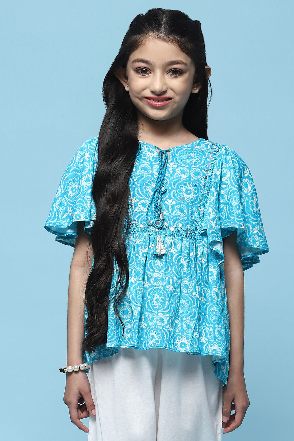 Aqua Printed Rayon Top With Mirror Detail image number 5