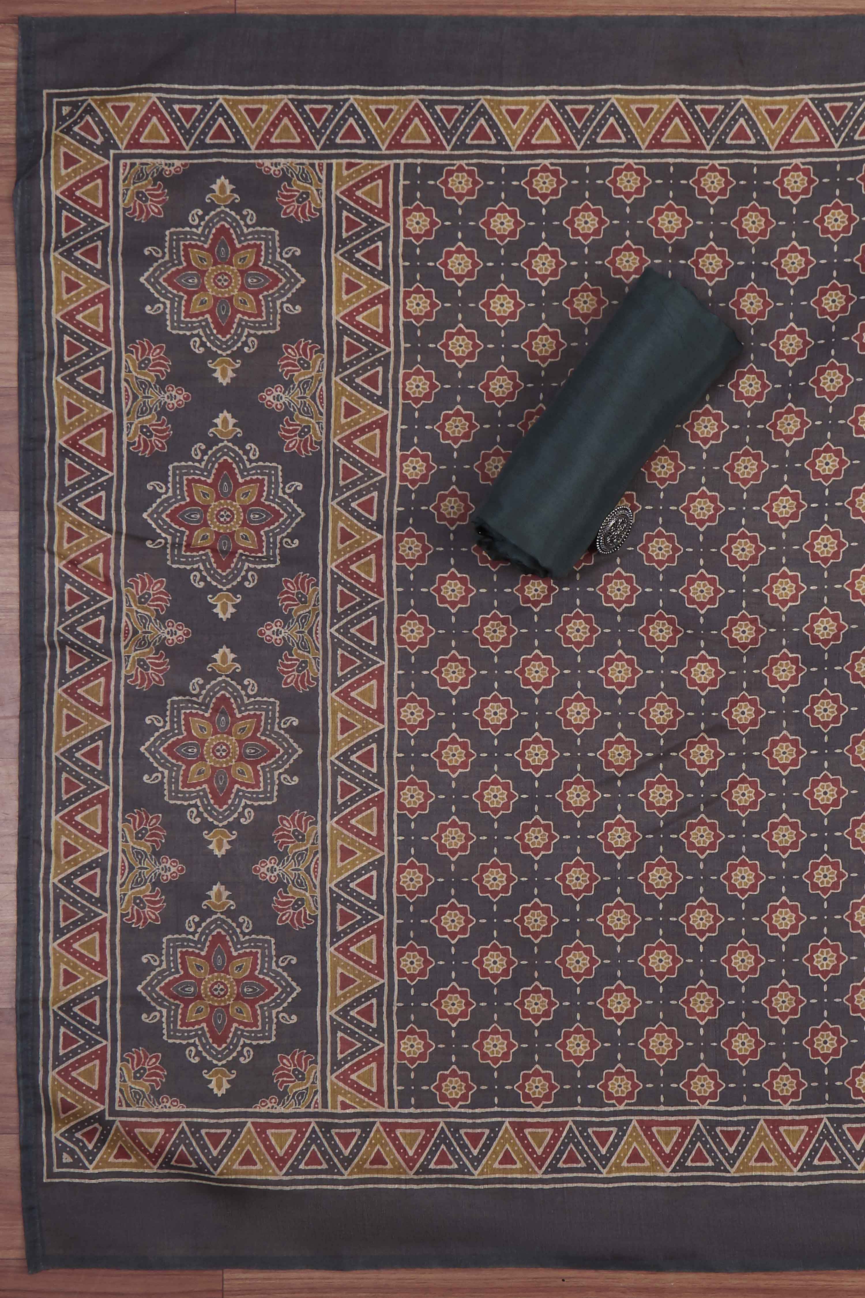 Grey Chanderi Rajasthani Print Unstitched Suit Set image number 3