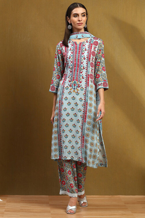 Turquoise Floral Printed Straight Suit Set image number 6