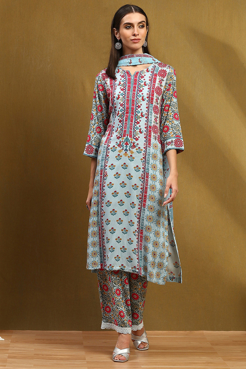Turquoise Floral Printed Straight Suit Set image number 6