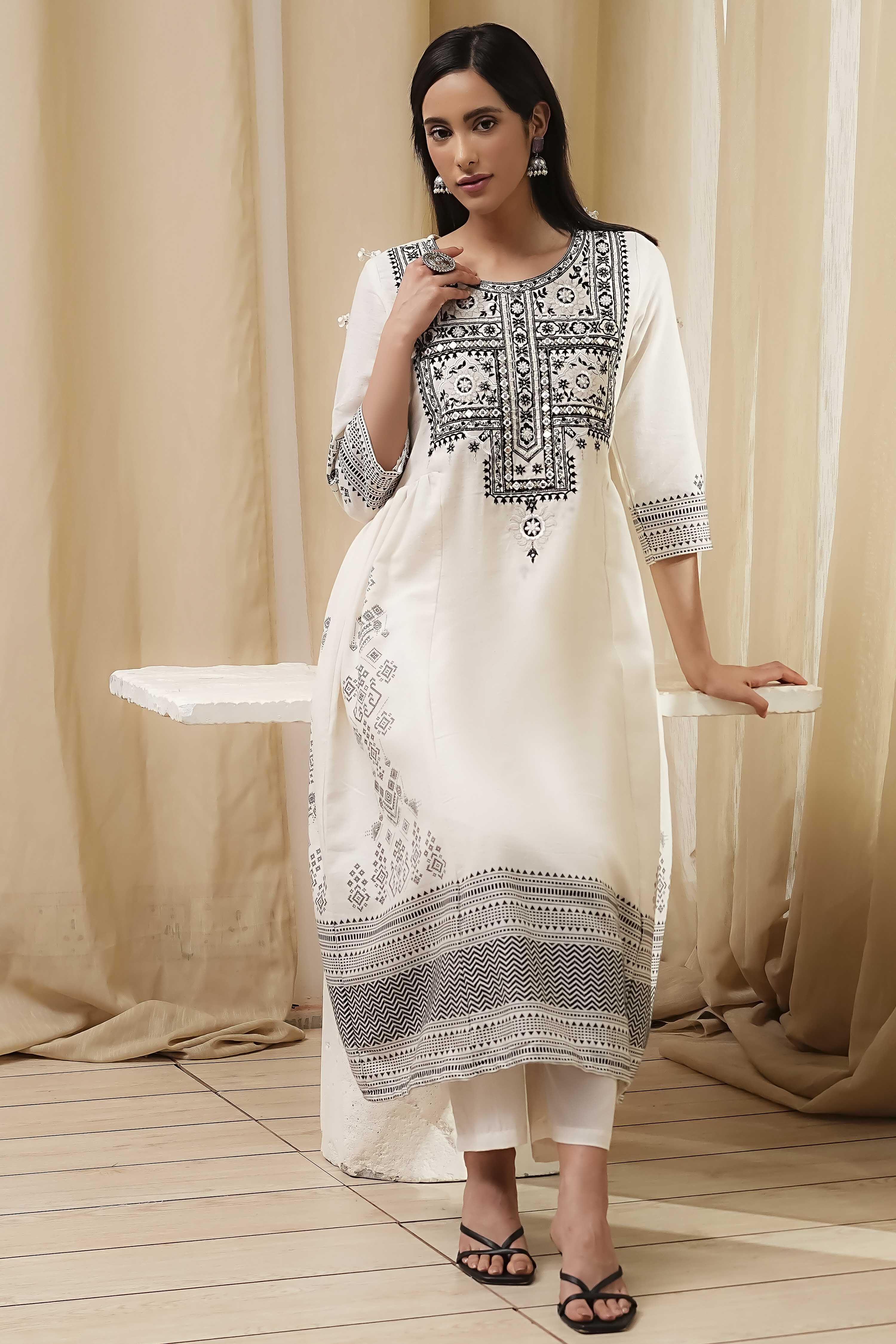 White and Black Cotton Gathered Kurta Set image number 0