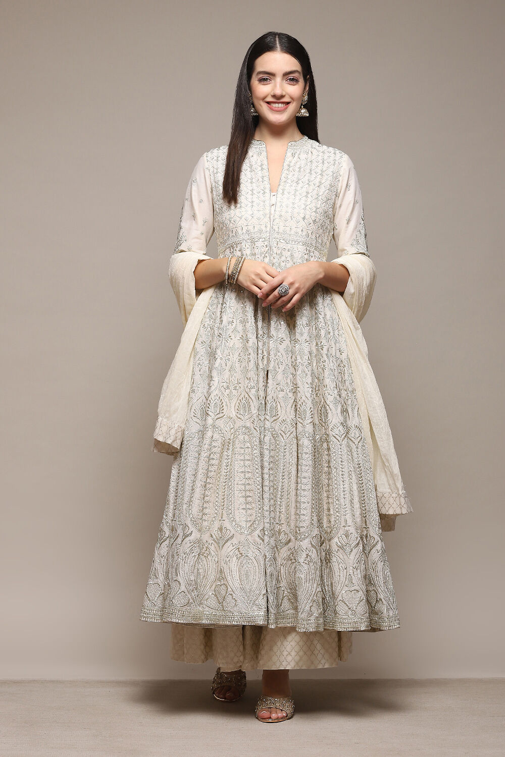 Off White Cotton Anarkali Kurta Skirt Suit Set image number 8