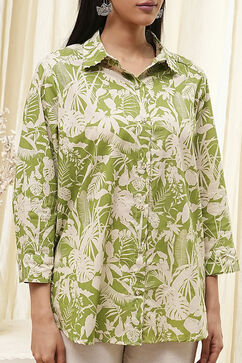 Green Cotton Floral Printed Straight Shirt image number 1