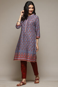 Grey Cotton Straight Printed Kurta image number 0