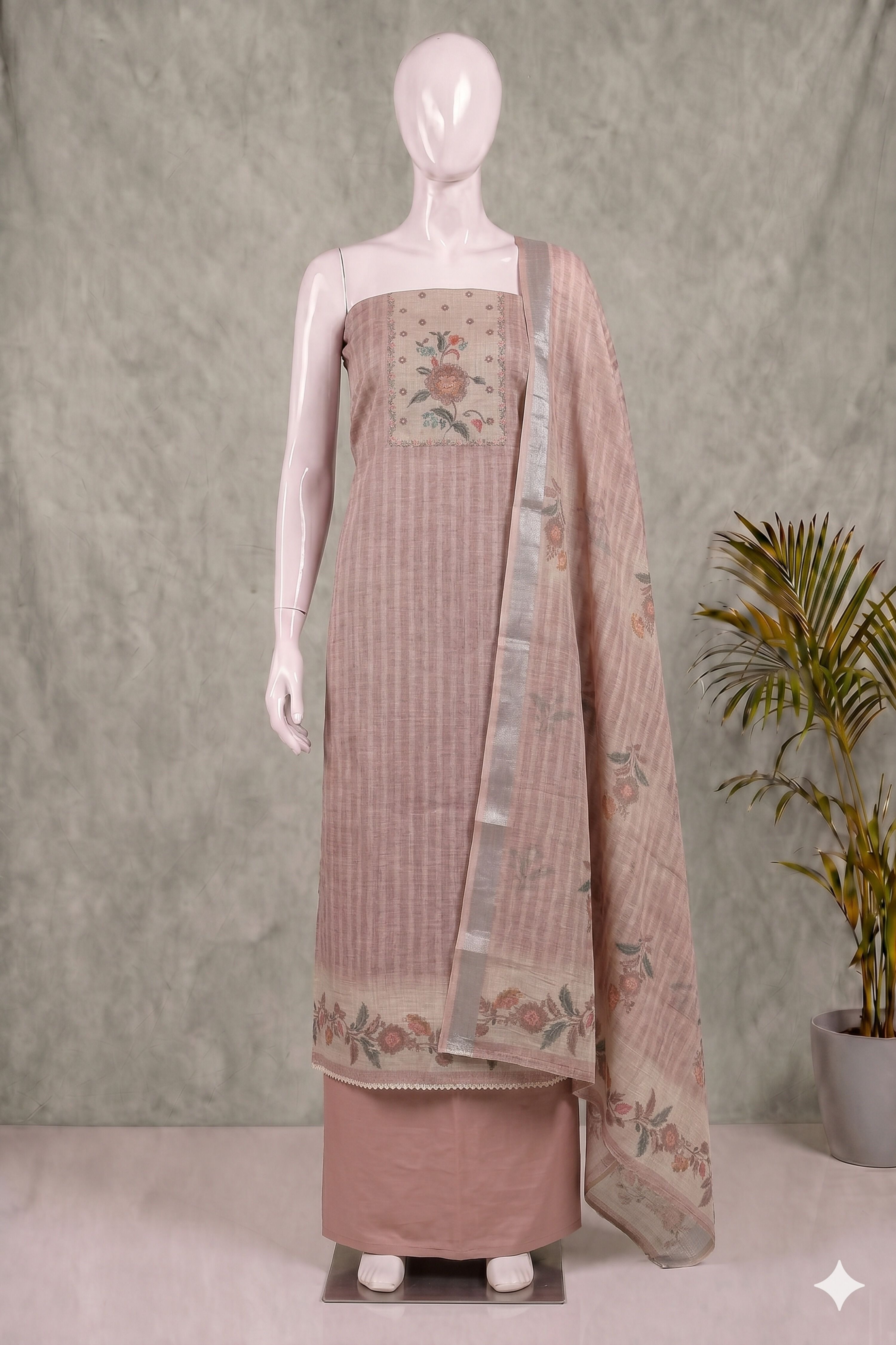 Blue Linen Stripe With Handwork Unstitched Suit Set image number 4
