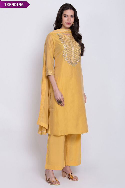 Yellow Poly Cotton Straight Kurta Palazzo Suit Set image number 0