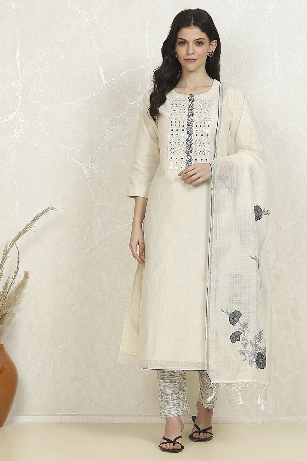 Off-White Cotton Machine Embroidered Unstitched Suit Set image number 7