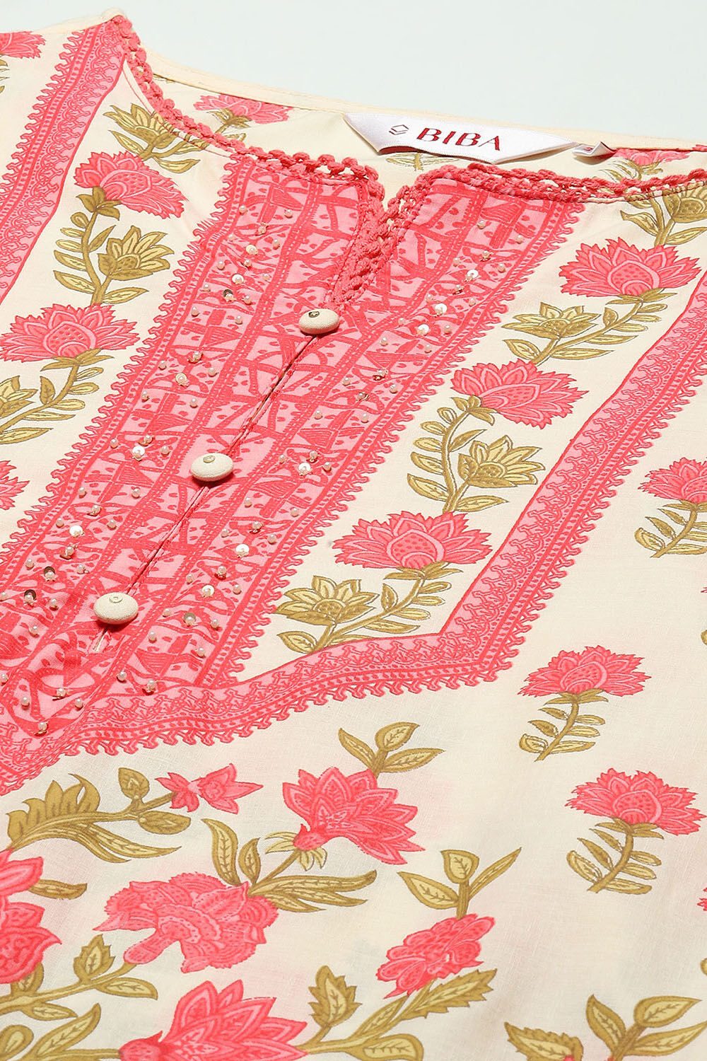 Off-white & Blue Cotton Floral Straight Kurta image number 1