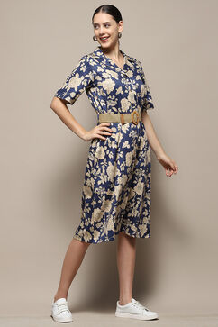 Blue Pure Cotton Floral Printed Straight Dress image number 5