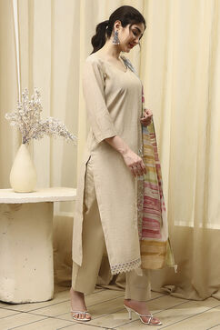 Beige Chanderi Embroidered Unstitched Suit Set image number 6