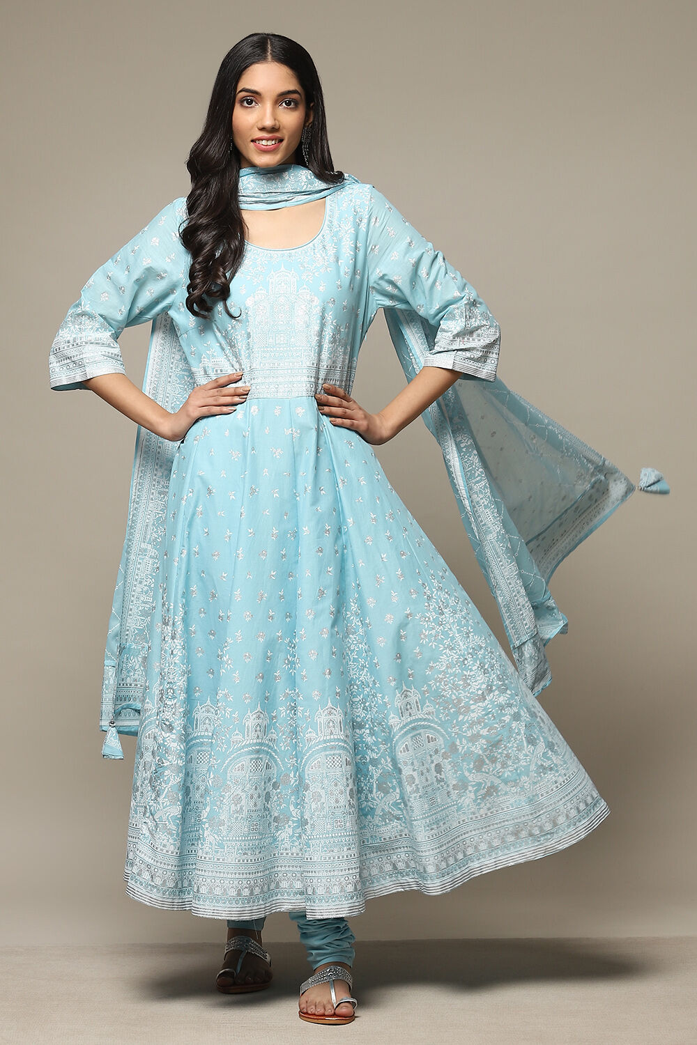 Powder Blue Cotton Anarkali Kurta Churidar Suit Set image number 0